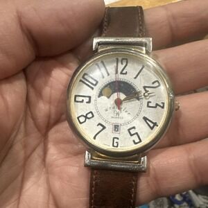 Working VTG Wrangler Moon Phase Gold Tone 41mm Brown Leather Unisex Watch Rare